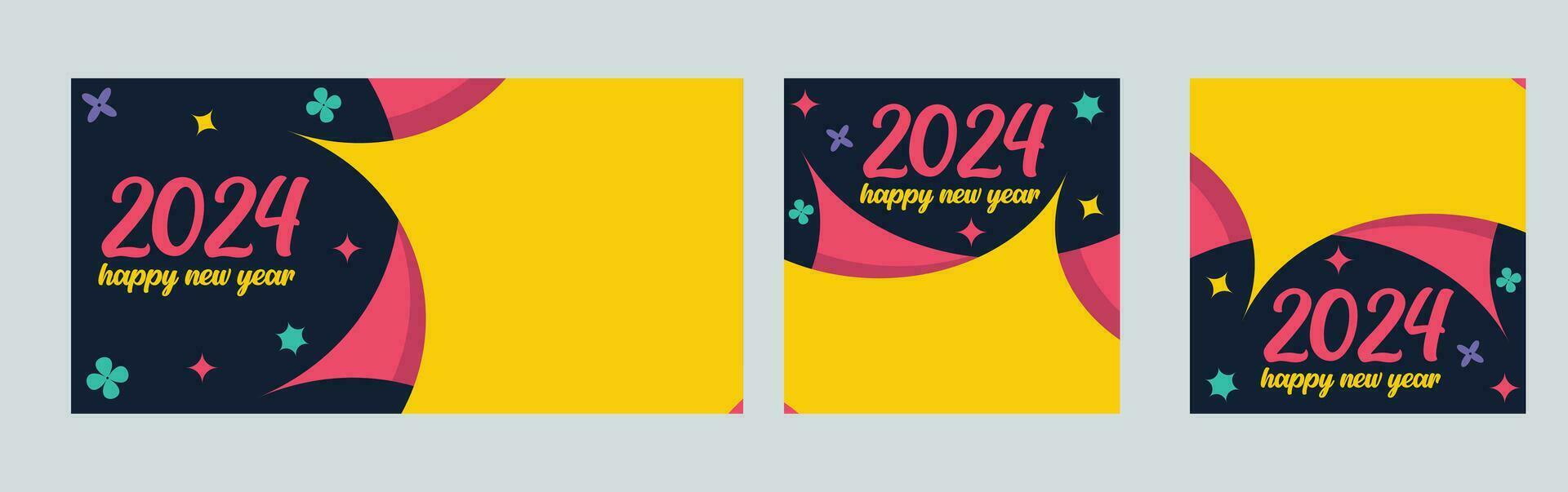 Happy New Year 2024 with colorful Minimalistic trendy design. Happy New Year 2024 square template. greeting background designs, New Year, and social media promotional content. Vector illustration