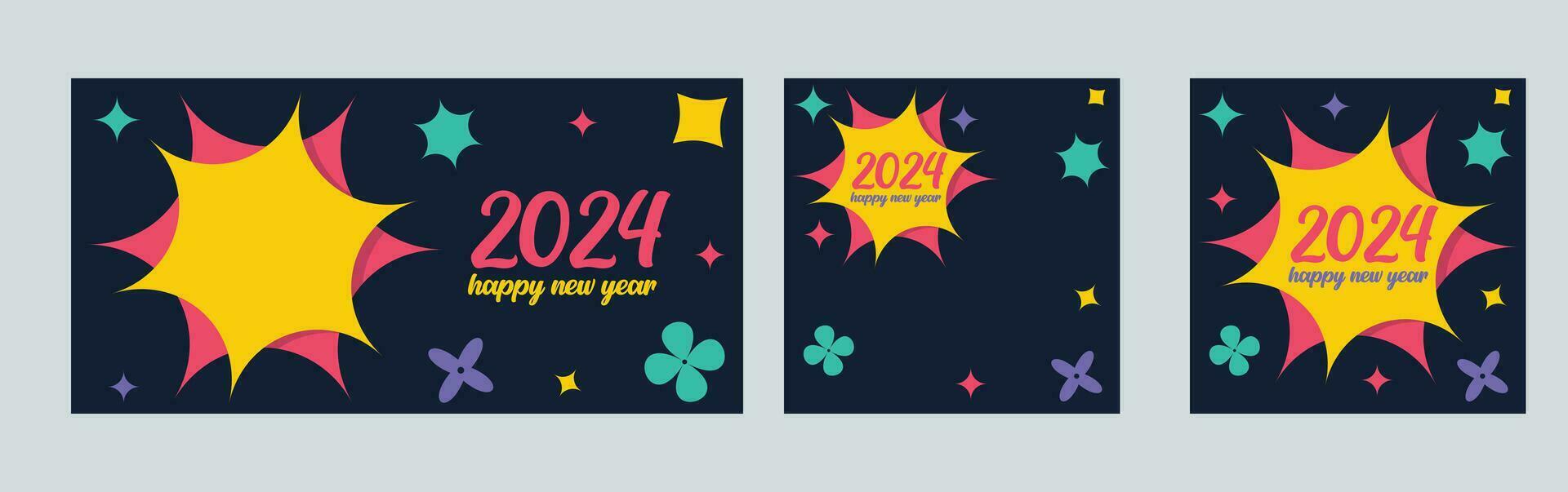 Happy New Year 2024 with colorful Minimalistic trendy design. Happy New Year 2024 square template. greeting background designs, New Year, and social media promotional content. Vector illustration