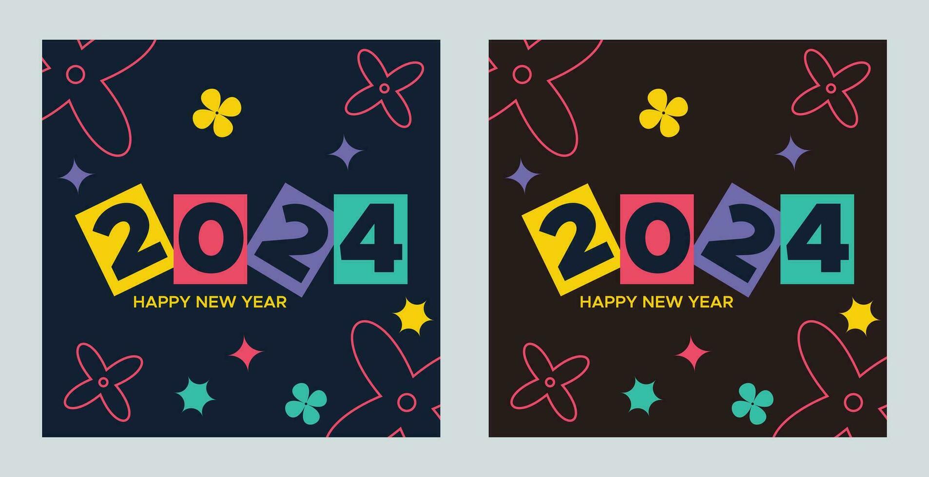 Happy New Year 2024 with colorful Minimalistic trendy design. Happy New Year 2024 square template. greeting background designs, New Year, and social media promotional content. Vector illustration