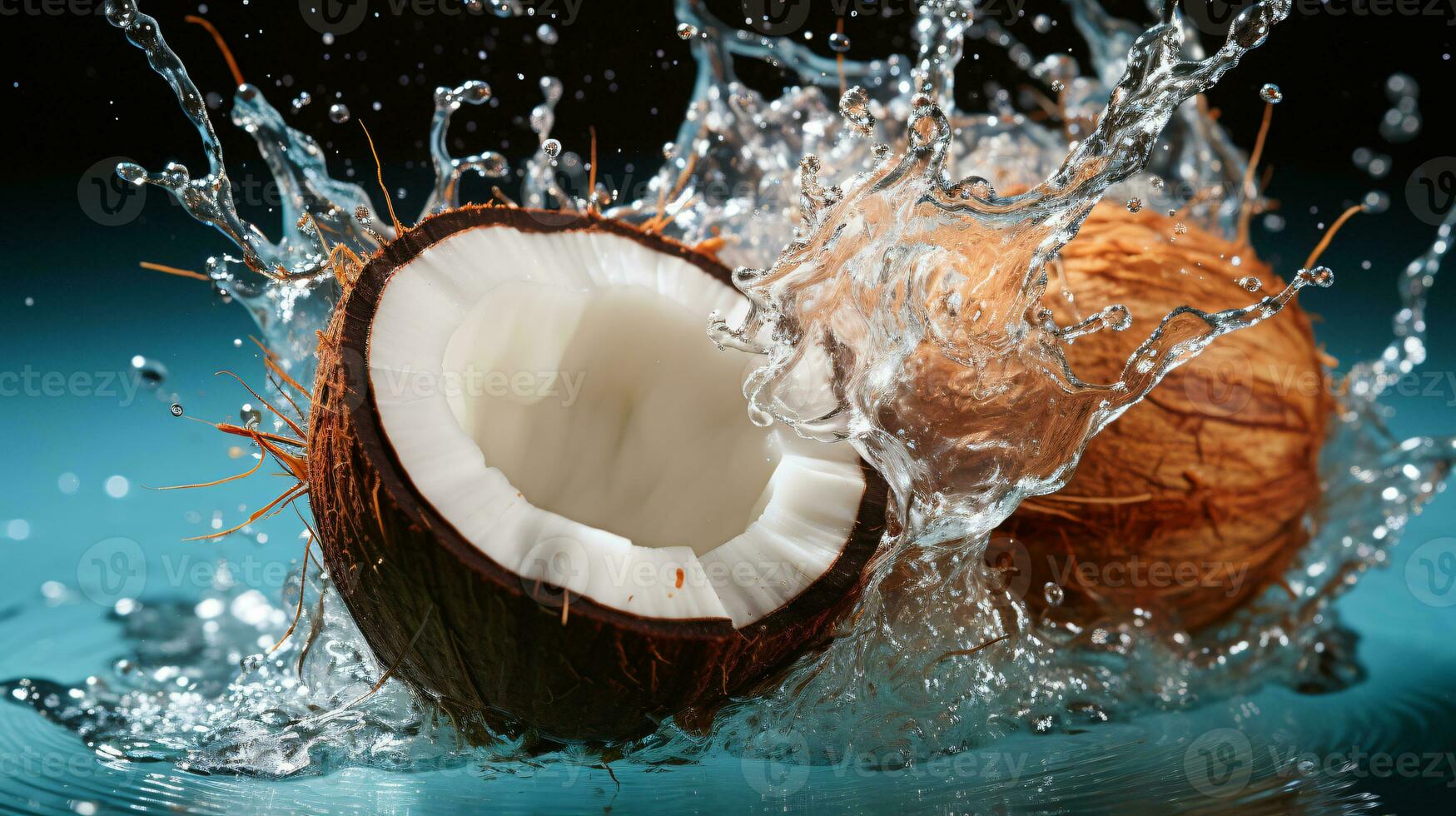 Cracked coconut with splashes of water. Ai Generative photo