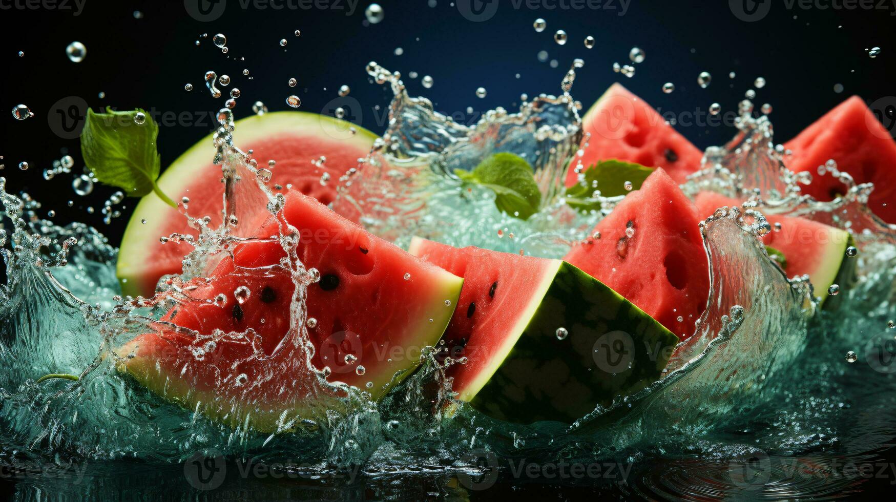 Fresco piezas de agua melón que cae en agua con chapoteo. ai generativo foto