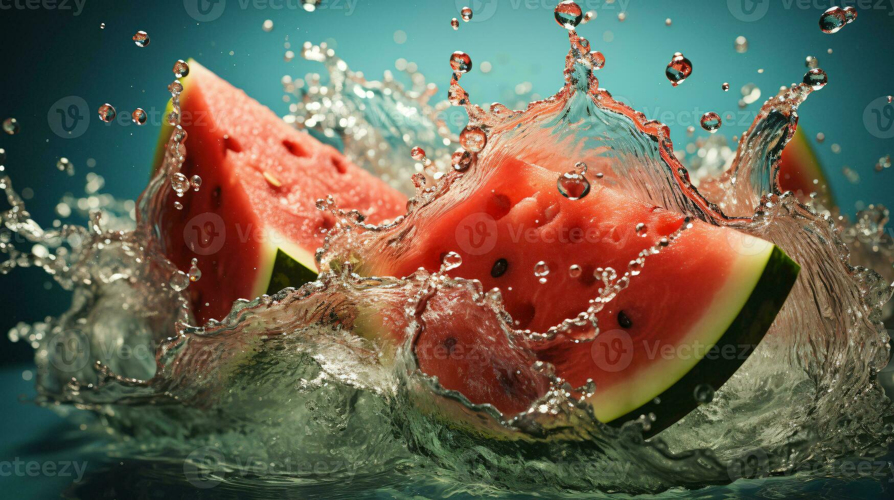 Fresco piezas de agua melón que cae en agua con chapoteo. ai generativo foto