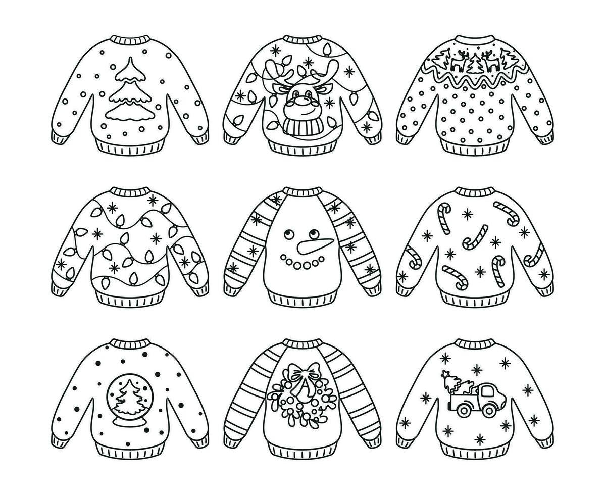 Ugly Christmas sweater, funny christmas clothes set. Coloring page. Vector. vector