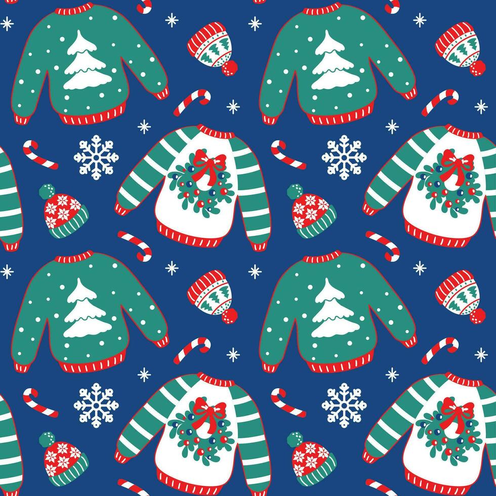 Ugly Christmas sweater and knit hat, funny christmas clothes. Seamless pattern. Vector. vector