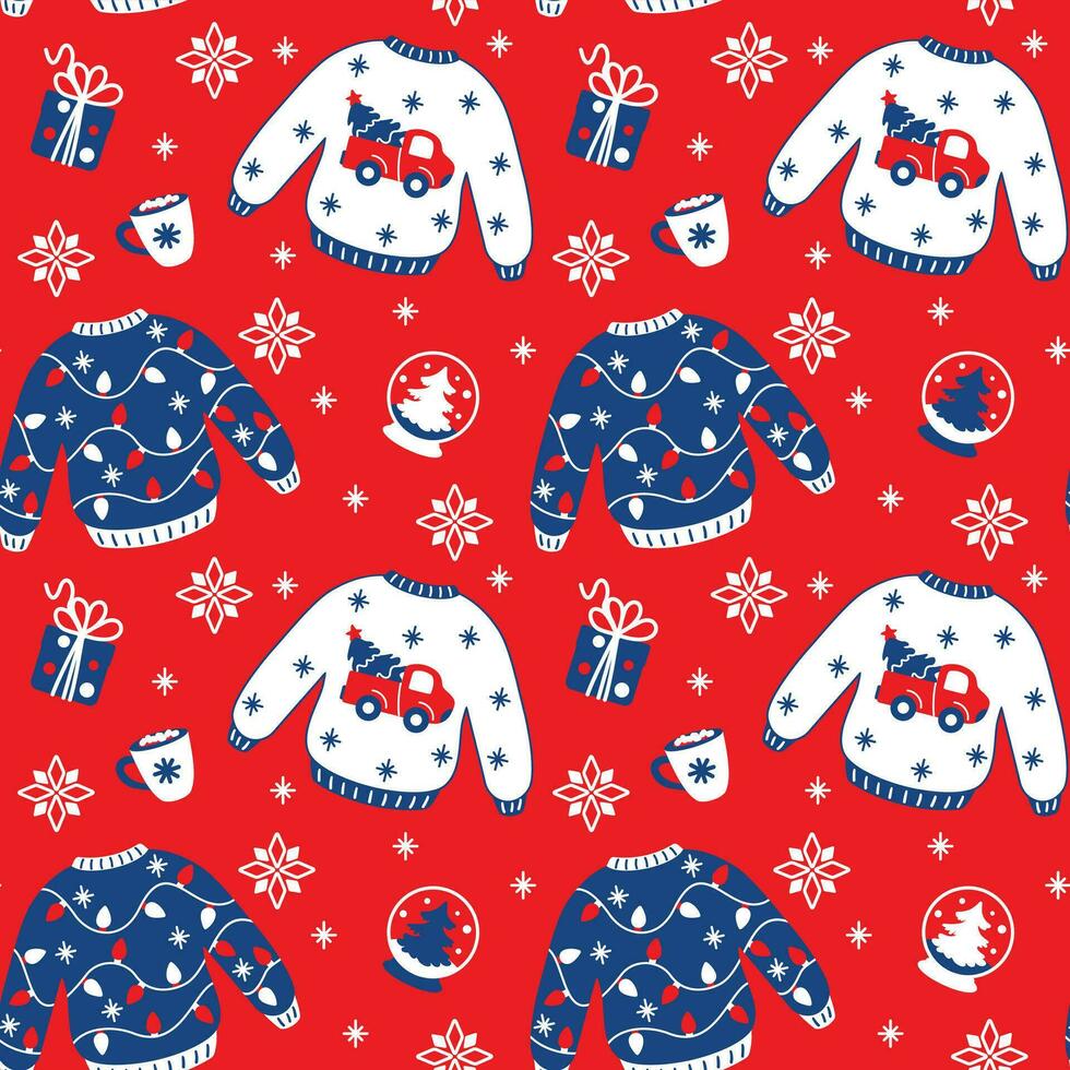 Ugly Christmas sweater and knit hat, funny christmas clothes. Seamless pattern. Vector. vector