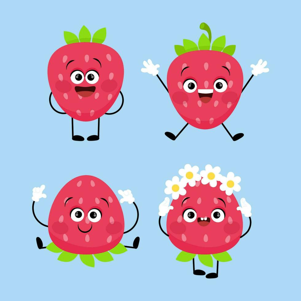 Set of strawberries characters with different emotions and in different positions vector