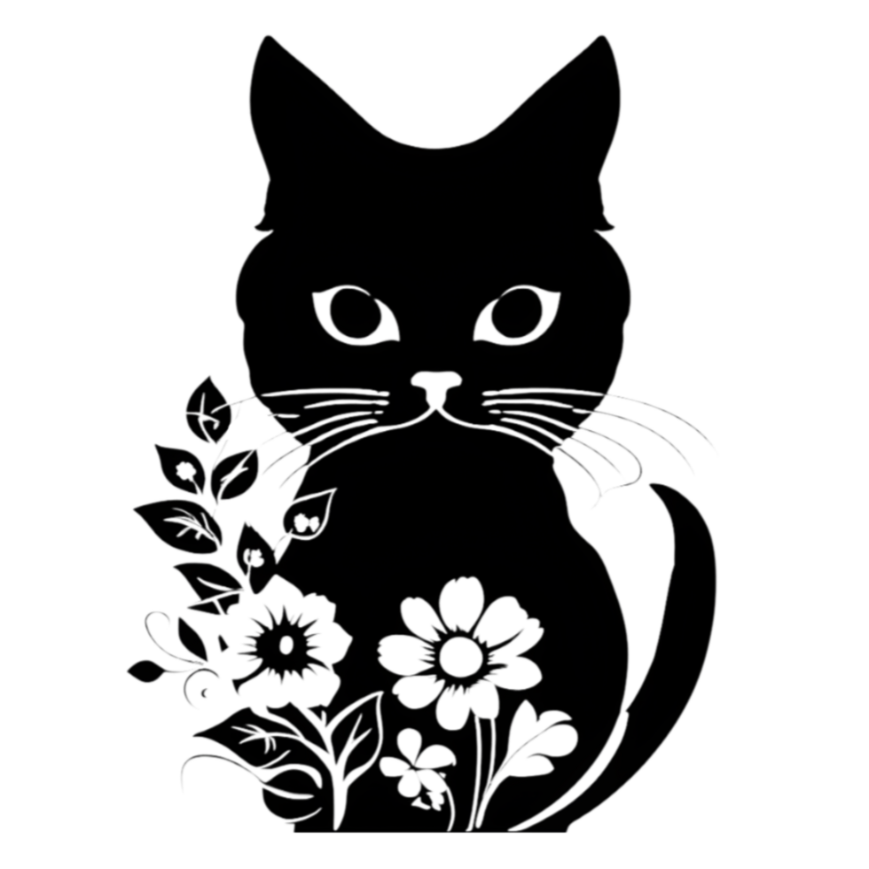 a drawing of cat and flowers. AI-Generated png