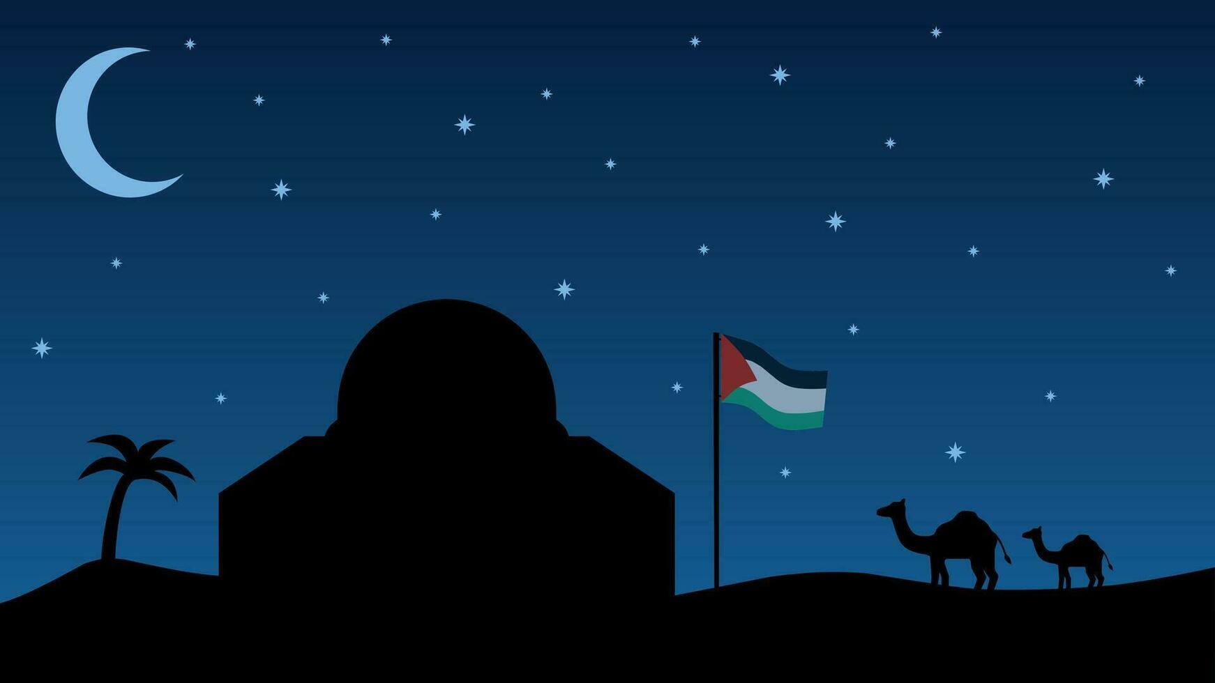 Palestine landscape vector illustration. Silhouette of al aqsa mosque in the night with crescent moon and stars. Landscape illustration of palestine for background or wallpaper