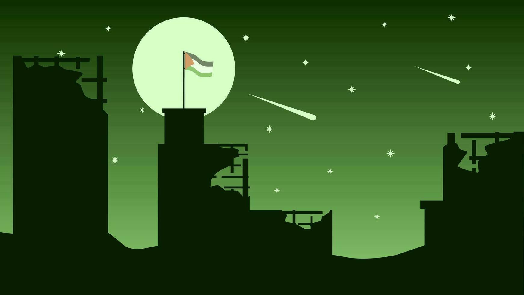 Palestine landscape vector illustration. Silhouette of destroyed city at night with moon and palestine flag. Palestine illustration for background, wallpaper, issue and conflict