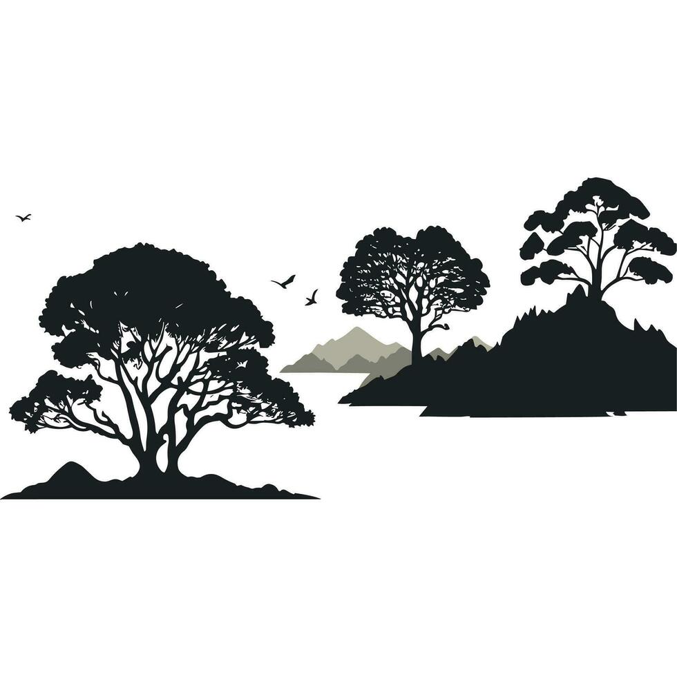 montañas árbol y pájaro siluetas vector ilustración