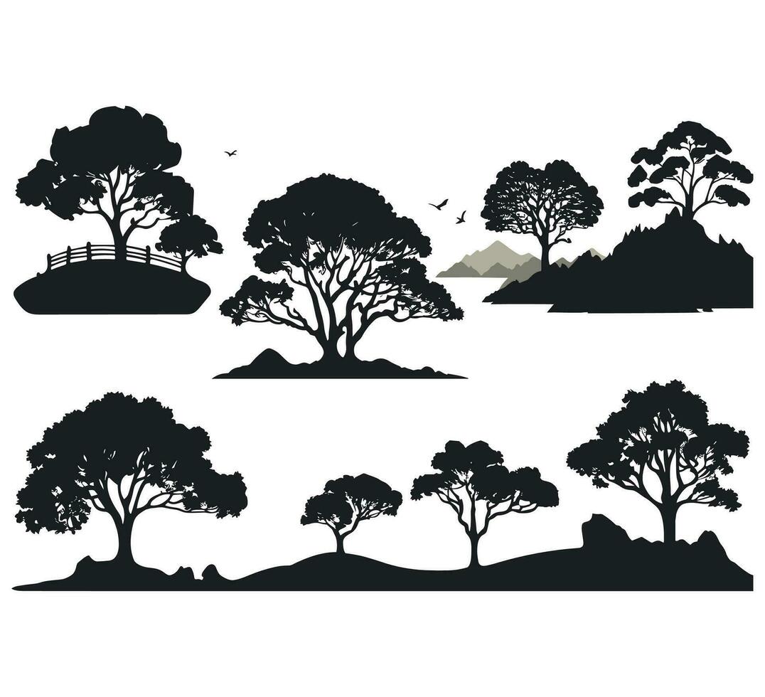 montañas árbol y pájaro siluetas vector ilustración