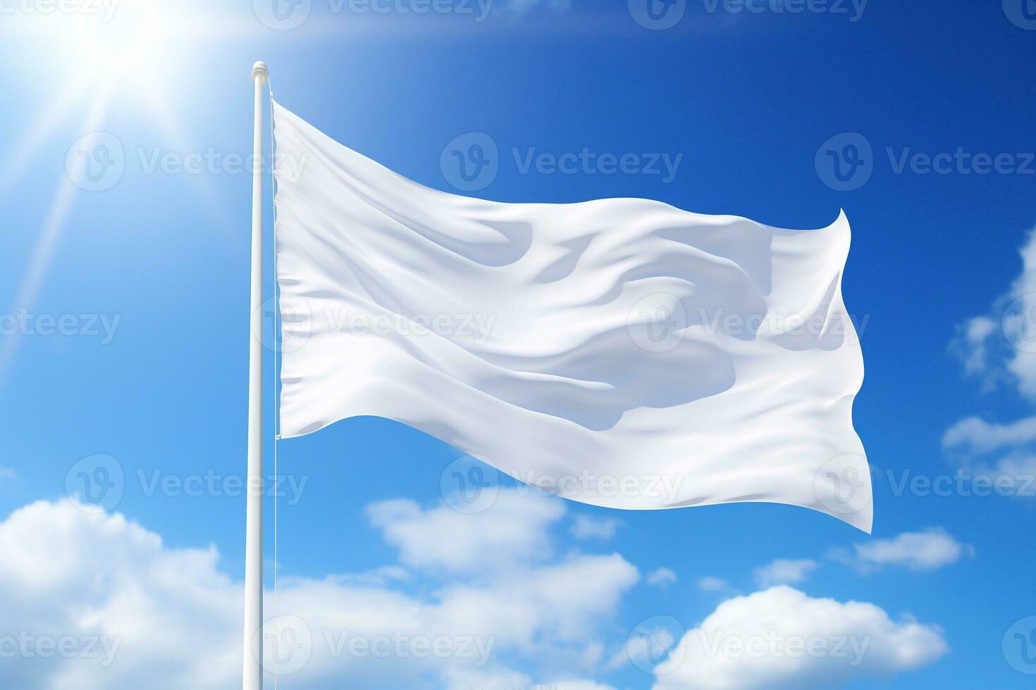 A picture of white Flag on sky and clouds background copy space, mockup concept Generative AI photo
