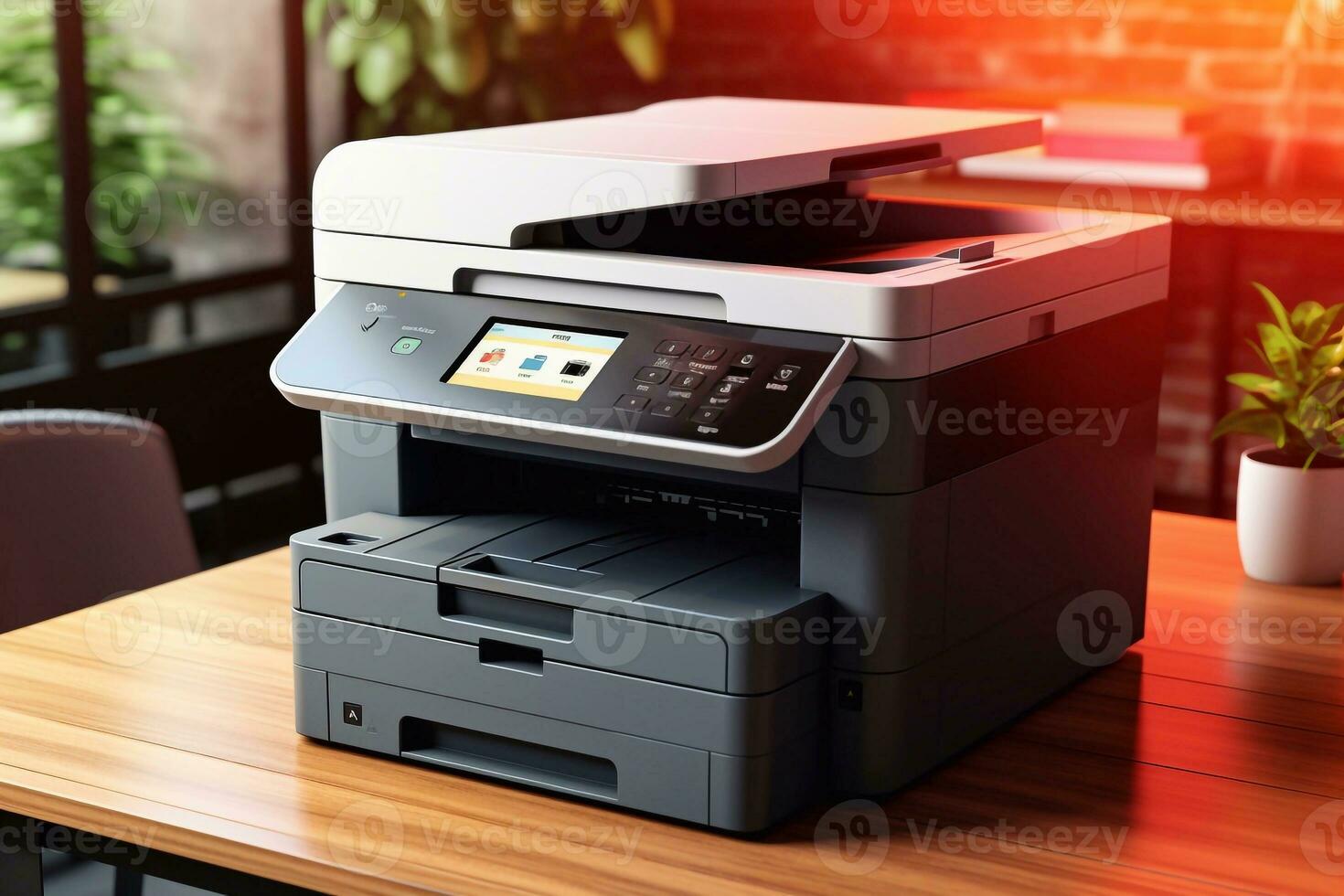 A photo of Modern multifunction printer on the table. 3d rendering. Computer digital drawing printer Generative AI