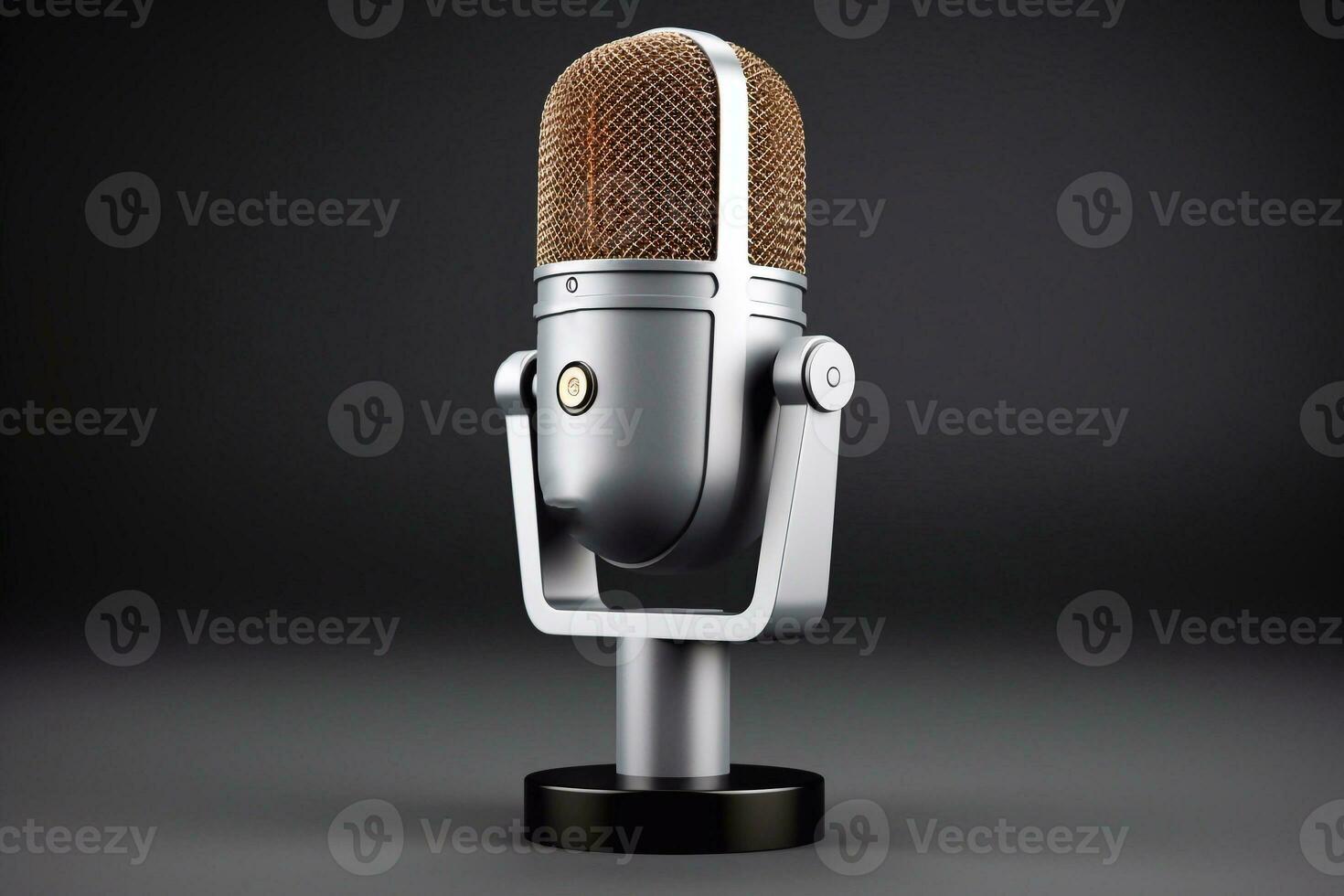 3d rendering of a microphone on a gray background. Studio shot. broadcast, radio, sing, voice, mic and speech concept Generative AI photo
