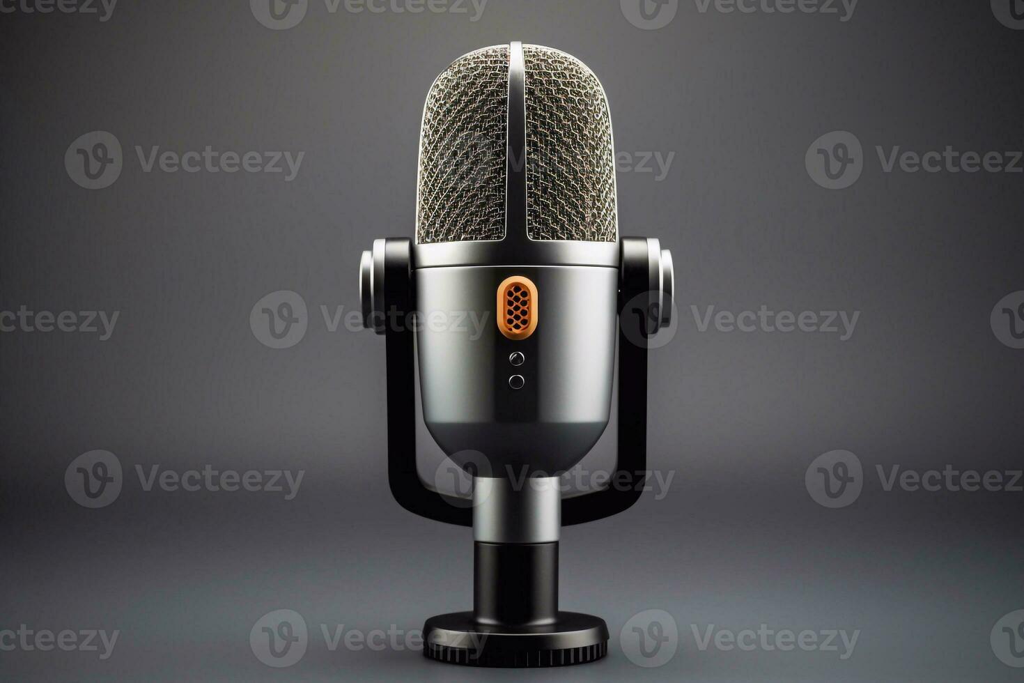 3d rendering of a microphone on a gray background. Studio shot. broadcast, radio, speak, voice, mic and speech concept Generative AI photo