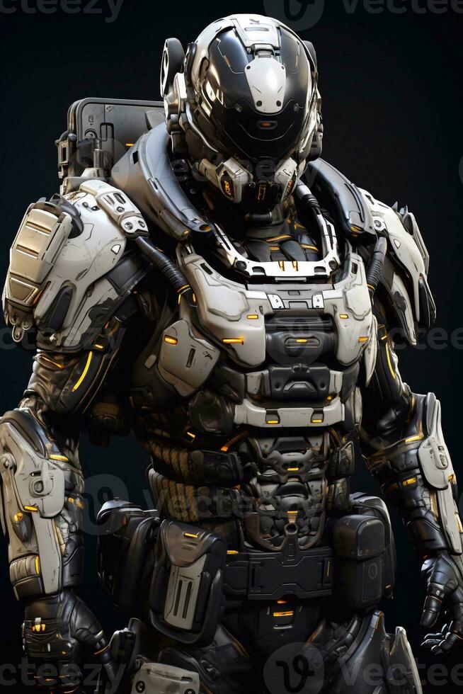 A image of 3D rendering of a male robot isolated on a black background. Generative AI photo