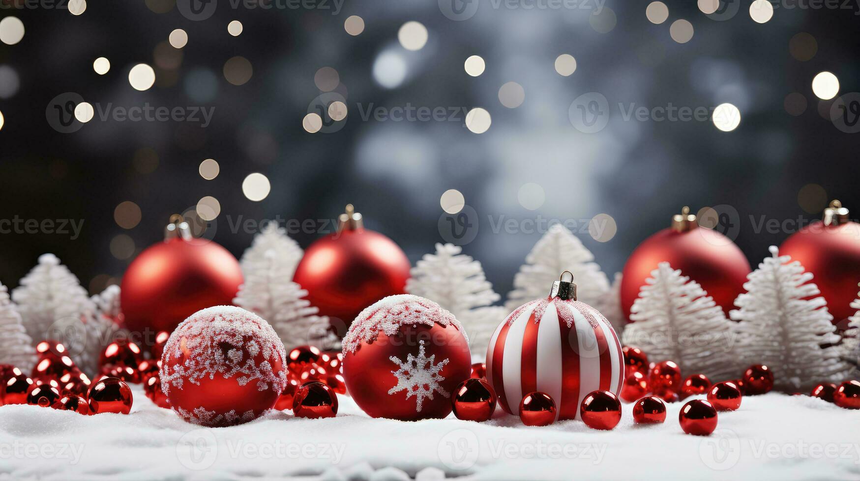 Navidad bandera con rojo adornos en nieve ai generativo foto