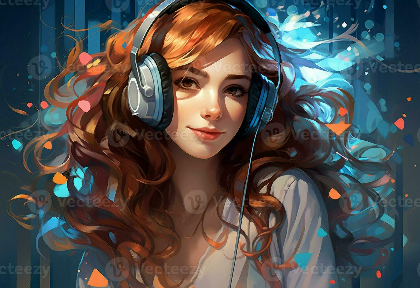 Harmonious Girl listen music. Generate Ai photo