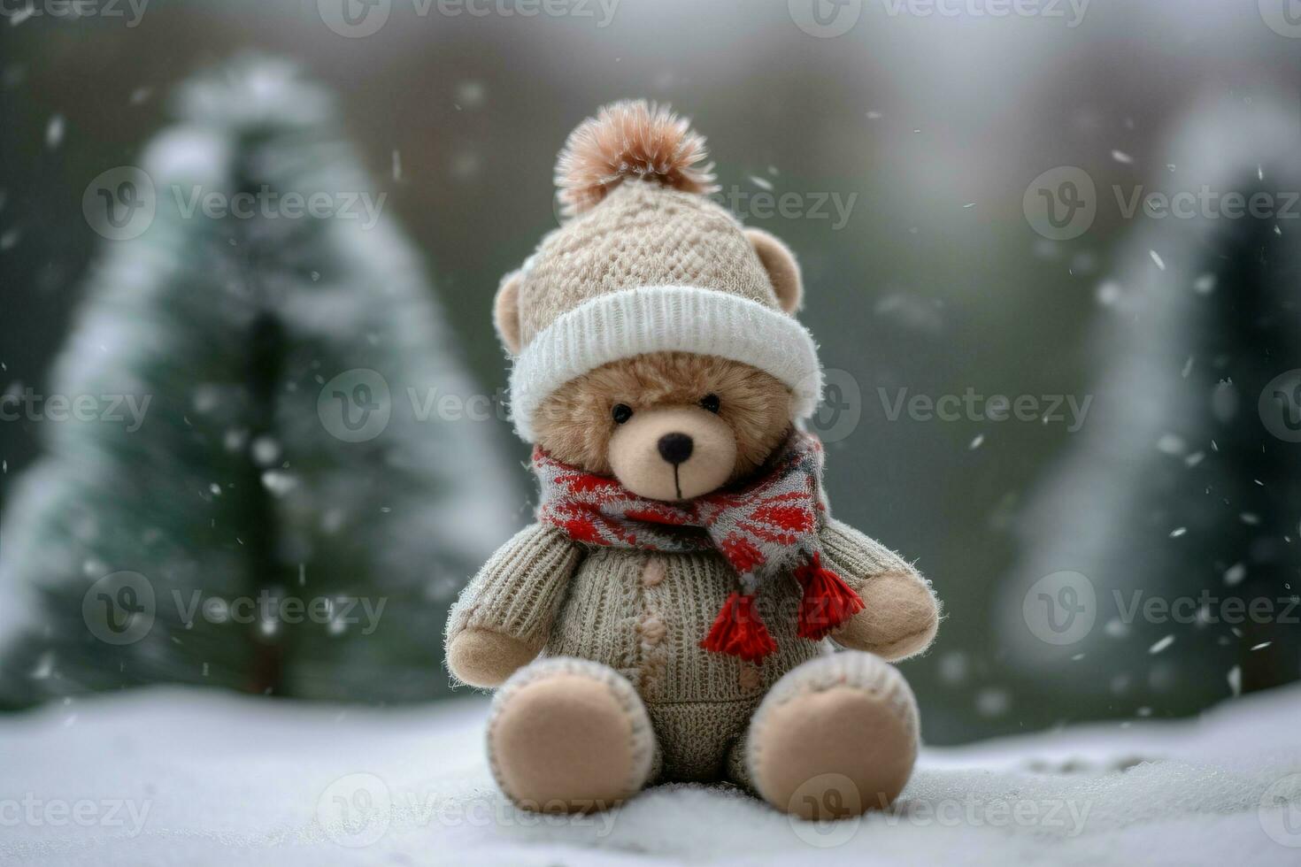 Small fluffy plush teddy bear on winter forest background. Generate ai photo