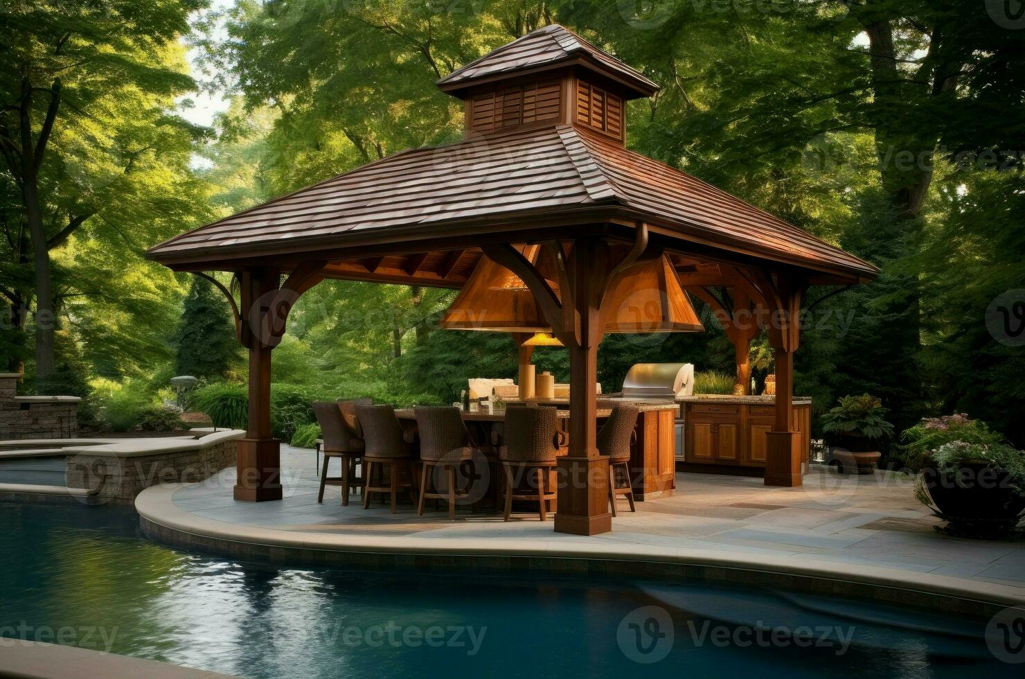 Fun-filled Gazebo swimming pool bbq. Generate Ai photo