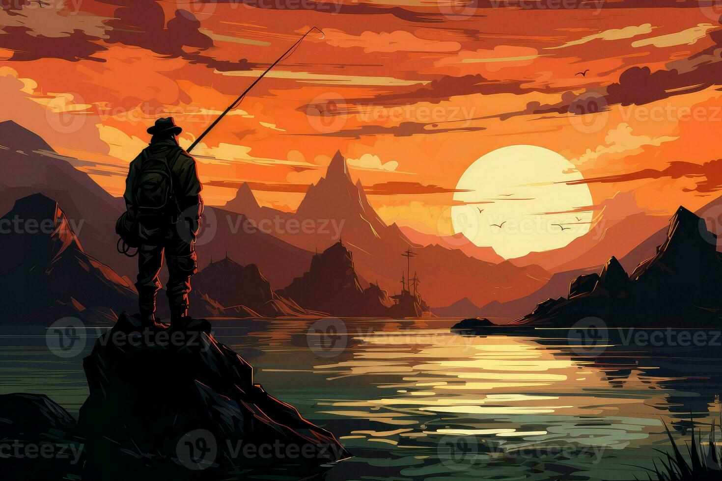 Fisherman man fishing rod. Generate Ai photo