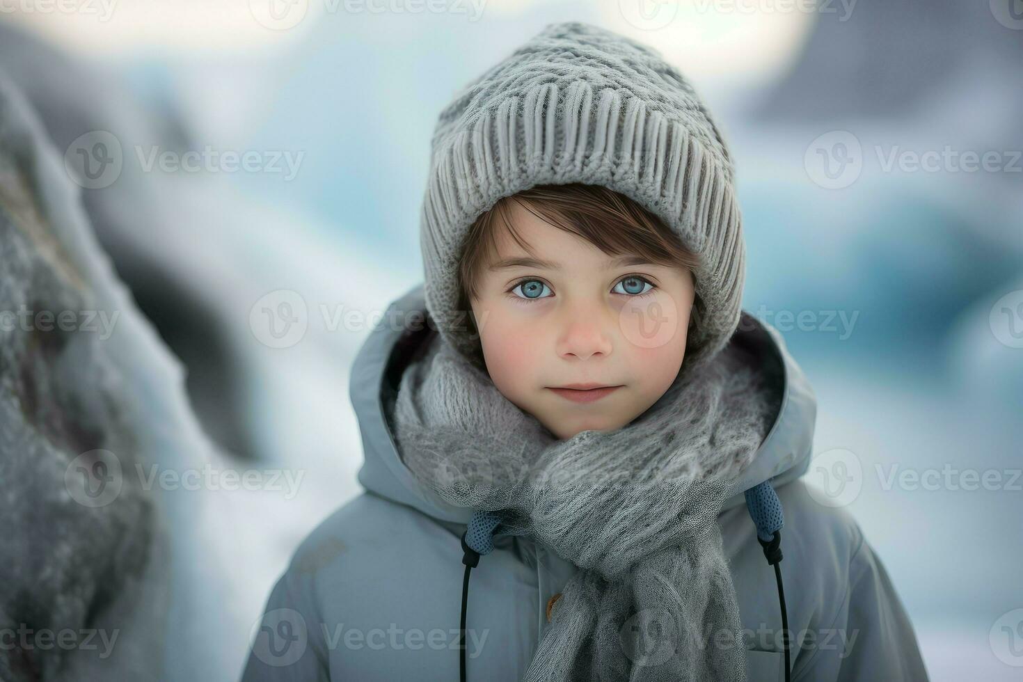 Child boy in warm winter clothes at village. Generate AI photo