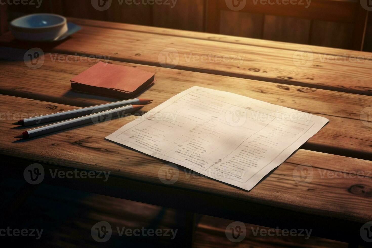 Write off exam on wooden table study. Generate AI photo