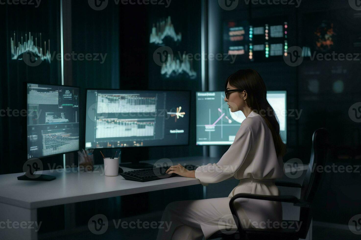 Financial analyst woman working in front of computer displays. Generate ai photo