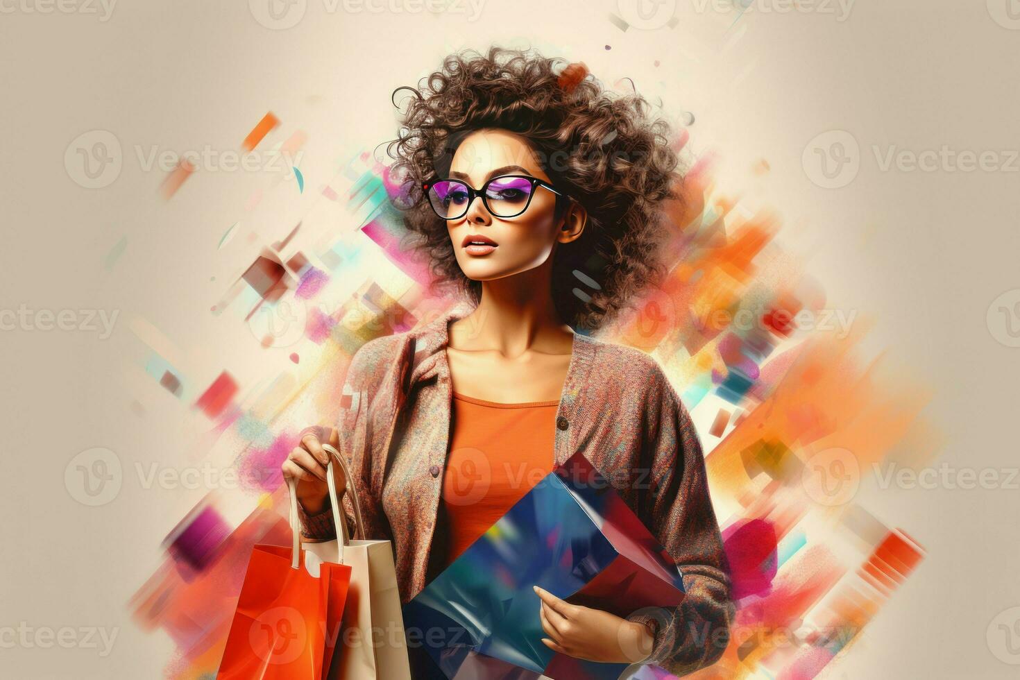 Woman in glasses with shopping bags on light background. Generate Ai photo