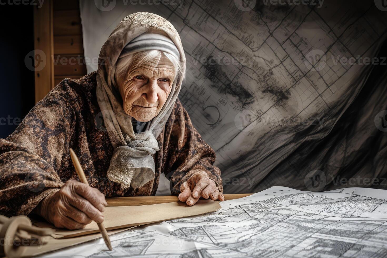 Architect house plan old woman. Generate AI photo