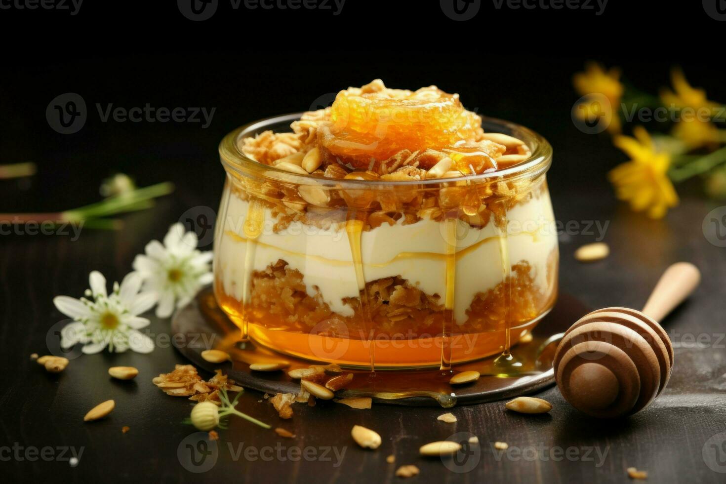 Tasty dessert with oat flakes and honey on table. Generate Ai photo