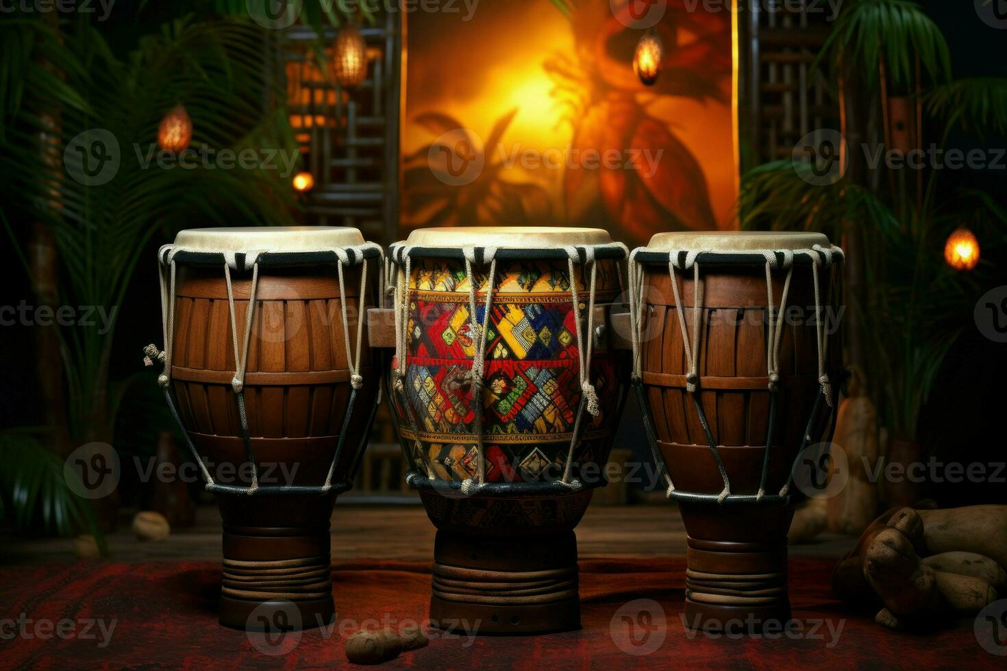 Diverse Bongo drums equipment background. Generate Ai photo