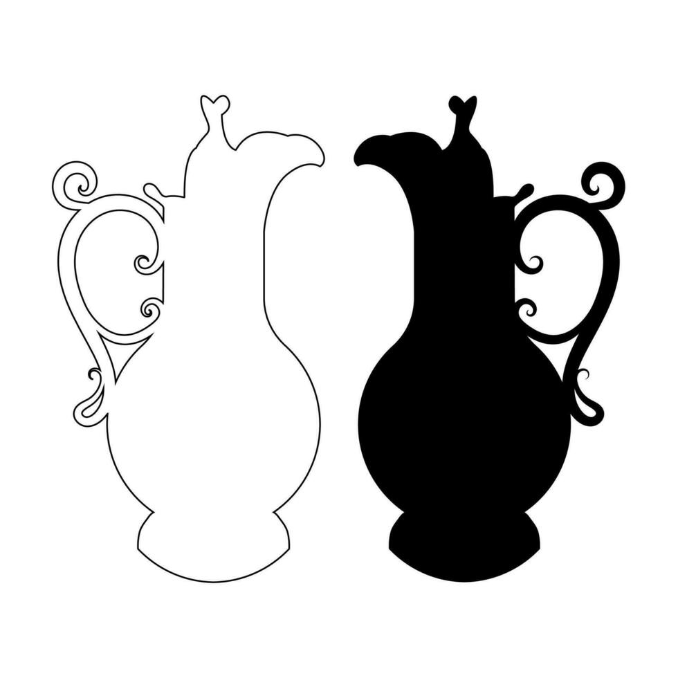 Jugs in a shapes with a silhouette and outline in black color. Decor element vector