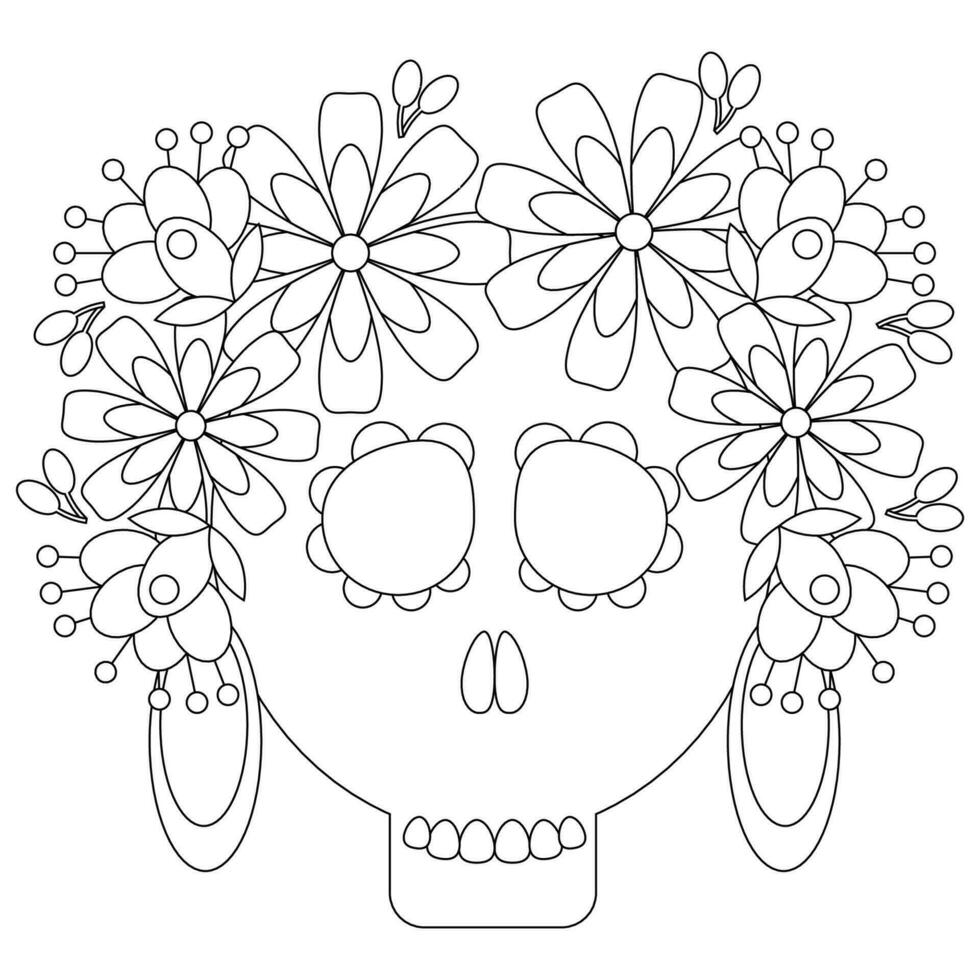 Mexican sugar skull with flowers coloring page vector