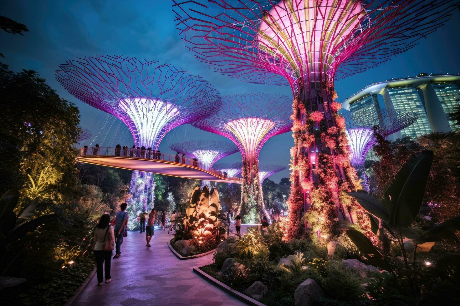 Supertree Grove at Gardens by the Bay in Singapore. Gardens by the Bay is a popular tourist attraction in Singapore, Jellyfish in the aquarium. Picture of a beautiful jellyfish, AI Generated photo