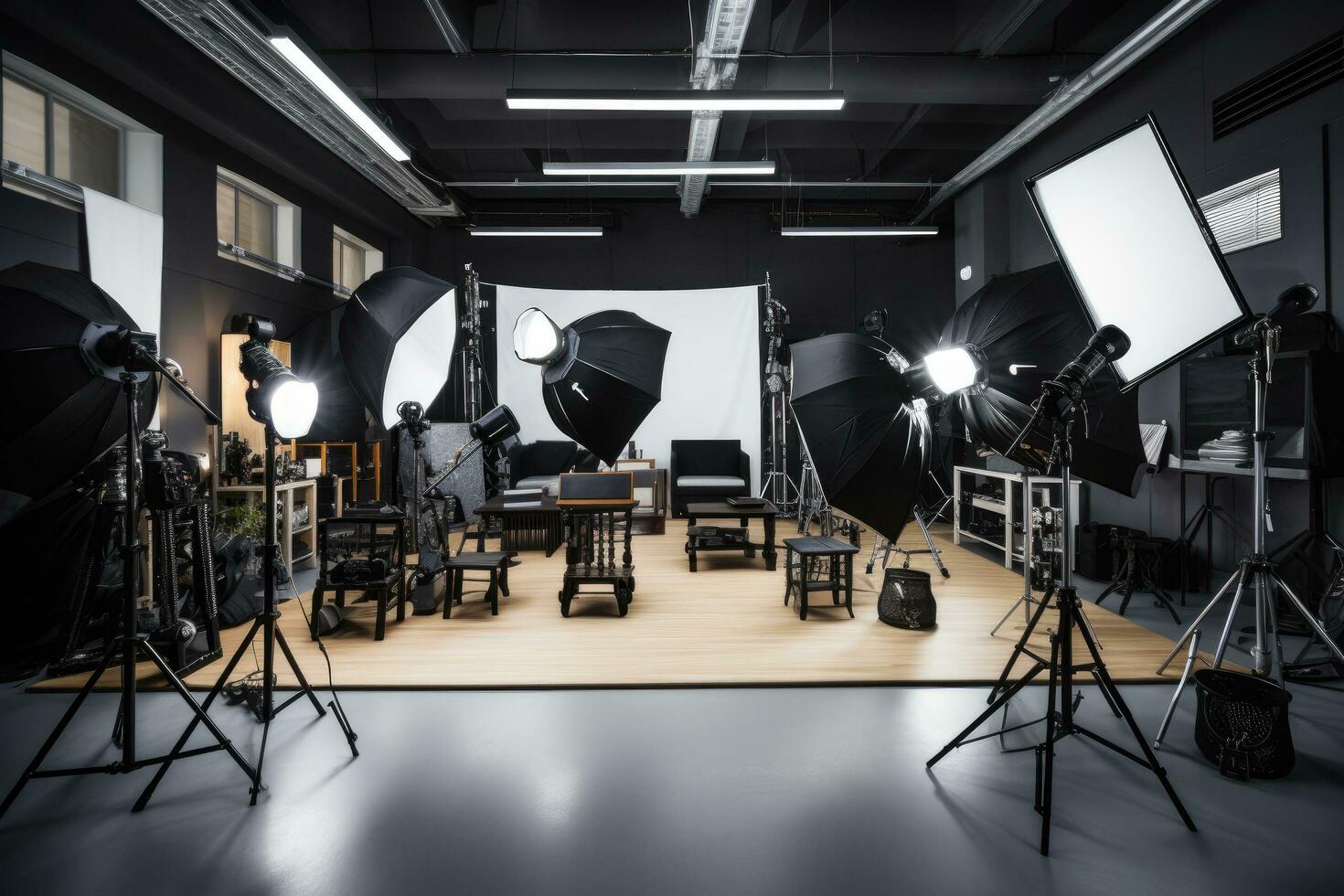 Interior of modern photo studio with professional equipment and lighting equipment, Interior of modern photo studio with professional equipment, AI Generated