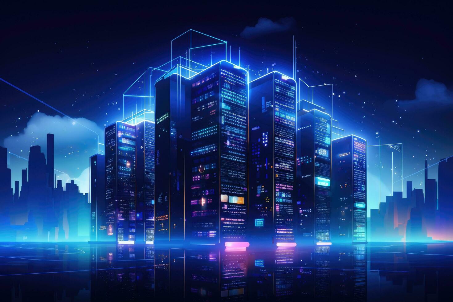 Night city with neon lights and high-rise buildings. Vector illustration, IT Server and modern digital fortress with digital computers, Data center, AI Generated photo