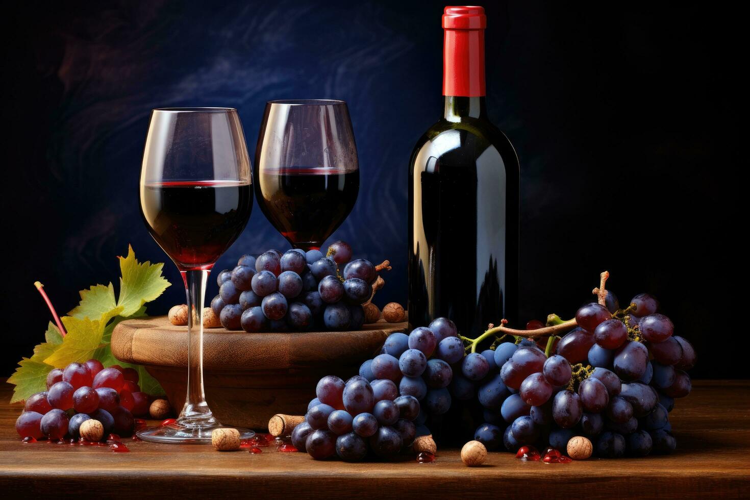 Wine composition. Glasses of red and white wine, bunch of grapes and corkscrew on dark background, Juicy blue grapes and bottles of red wine on a brown background, AI Generated photo