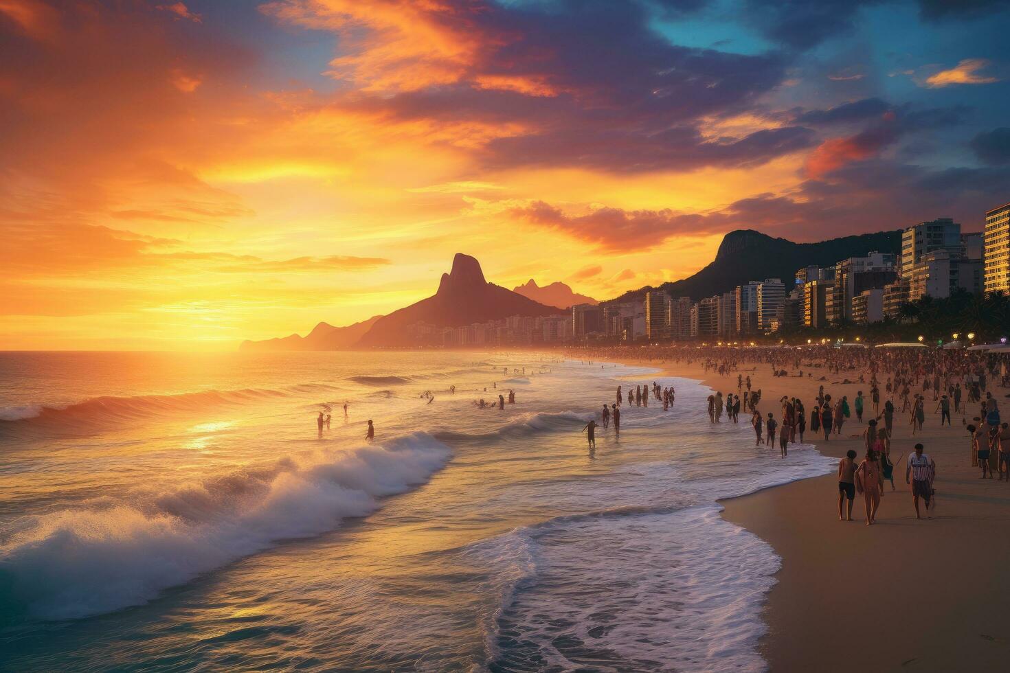 Sunset at Copacabana beach, Rio de Janeiro, Brazil, Ipanema beach in Rio de Janeiro on a gorgeous sunset, AI Generated photo