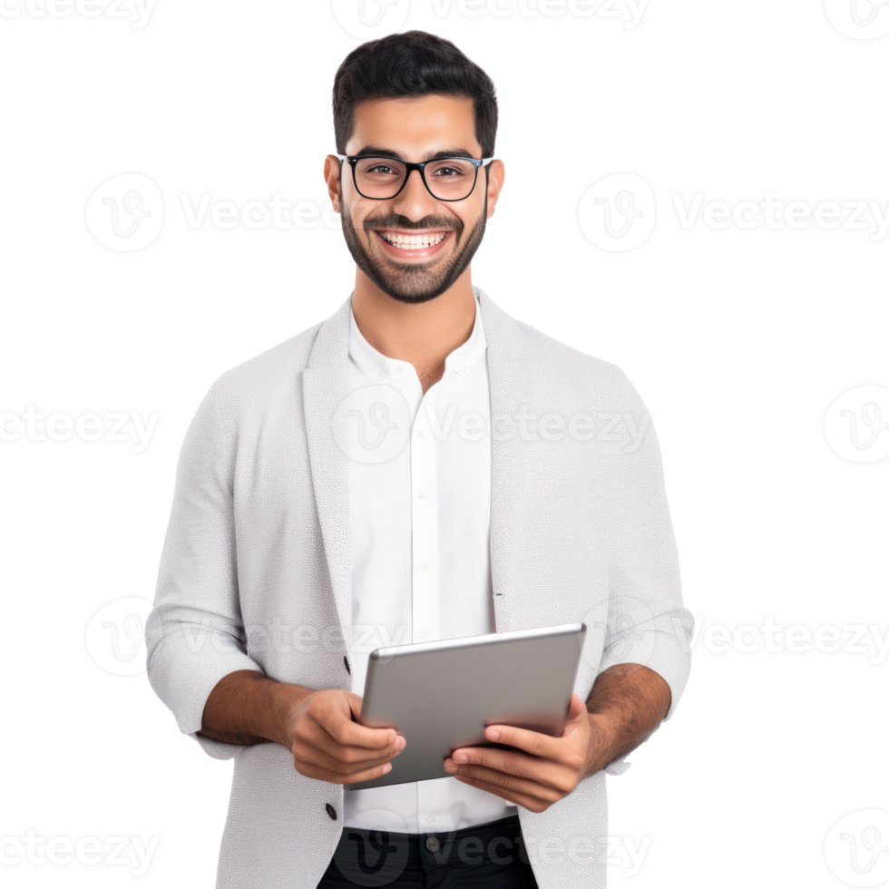 Smiling Young Middle Eastern Man With Digital Tablet In Hands isolated png