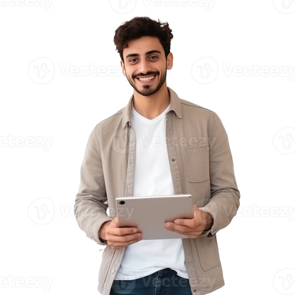 Smiling Young Middle Eastern Man With Digital Tablet In Hands isolated png