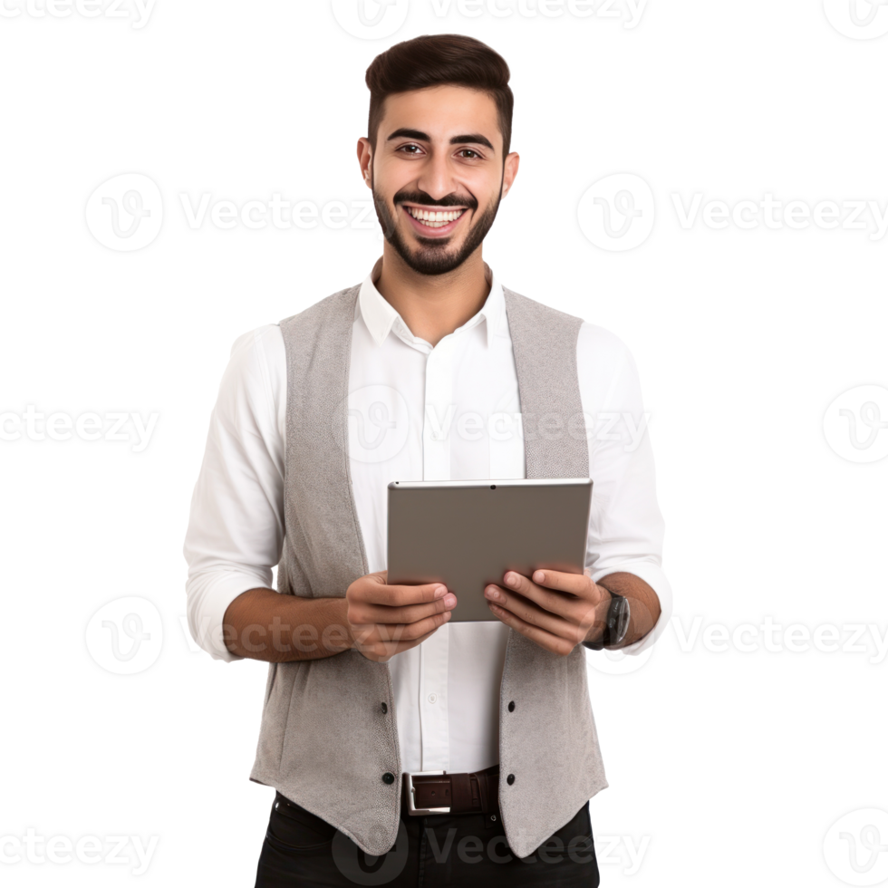 Smiling Young Middle Eastern Man With Digital Tablet In Hands isolated png