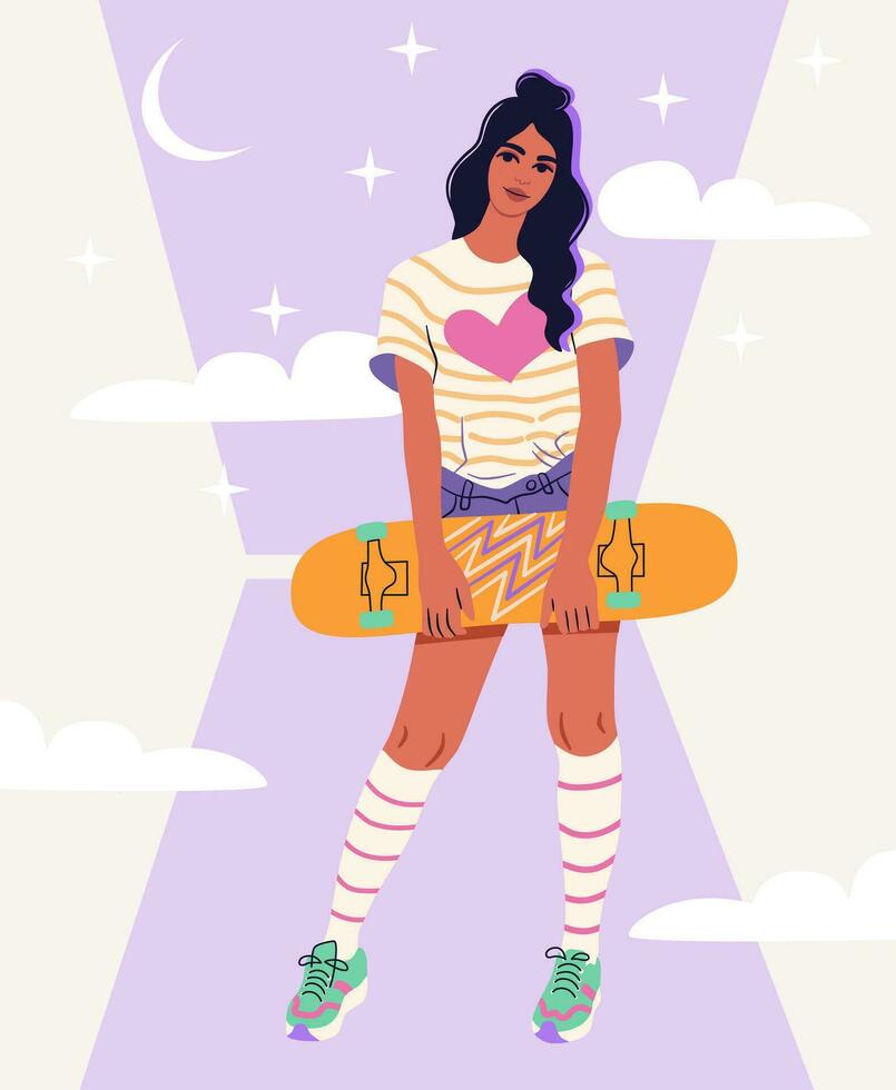 A funky young woman with skate board. Female skateboarder on an abstract background. A girl with longboard, outdoor sports activity. vector