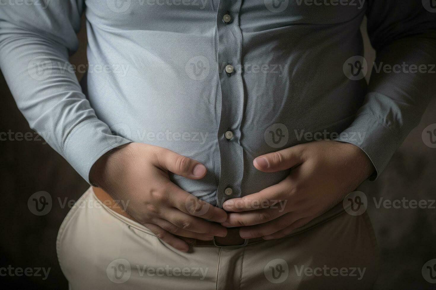 Fat man holds his stomach with his hands. Generative AI photo