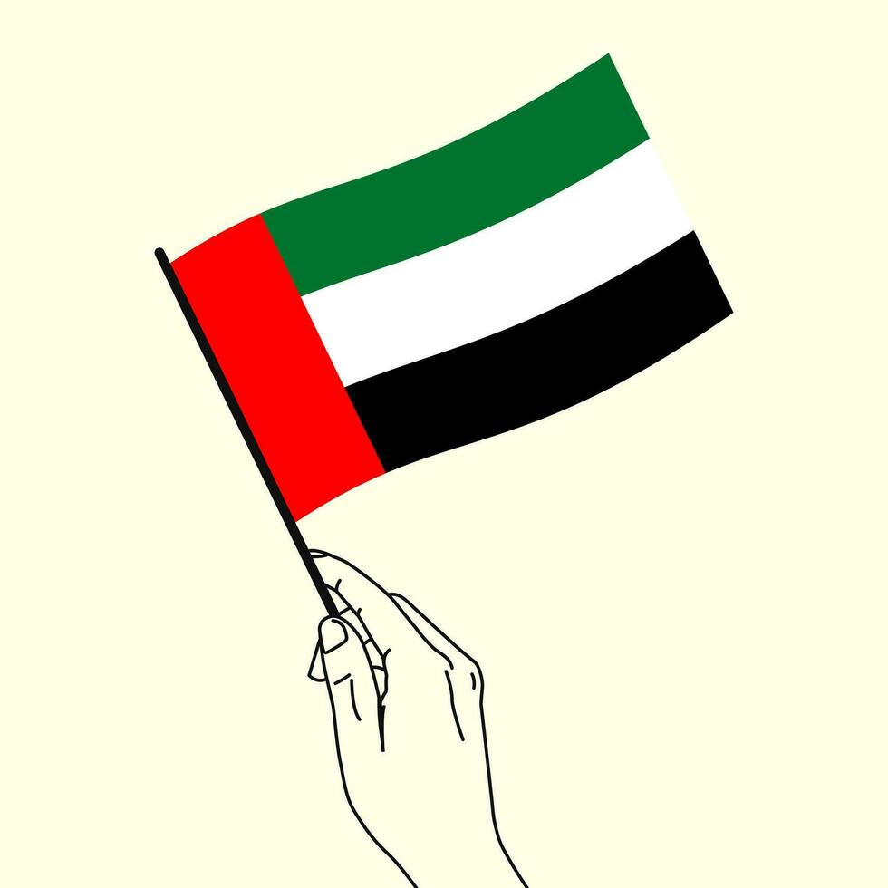 Hand holding Uni Emirate arab nation flag with line art style. UEA Flag. Vector illustration