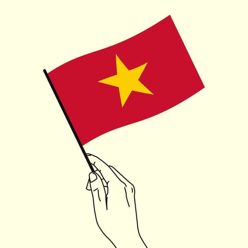 Hand holding Vietnam flag with line art style. Vietnam Flag. Vector illustration