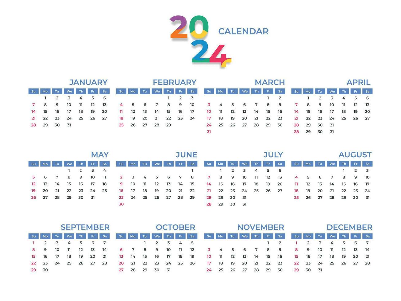 conjunto de 12 calendario, blanco calendario 2024 plantilla, planificador año, pared calendario, semana empieza domingo vector