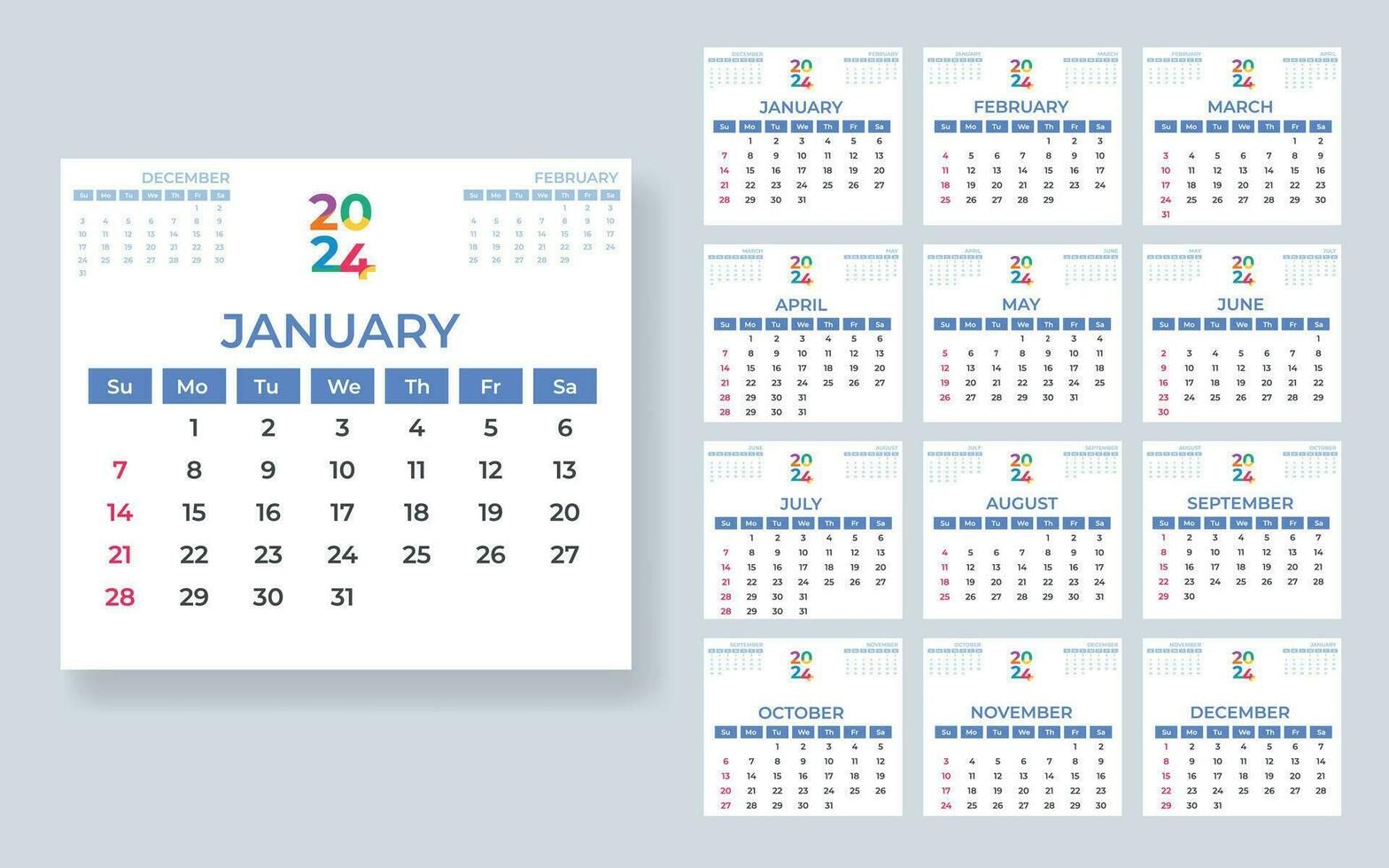 Calendar 2024 week start sunday corporate design planner template vector