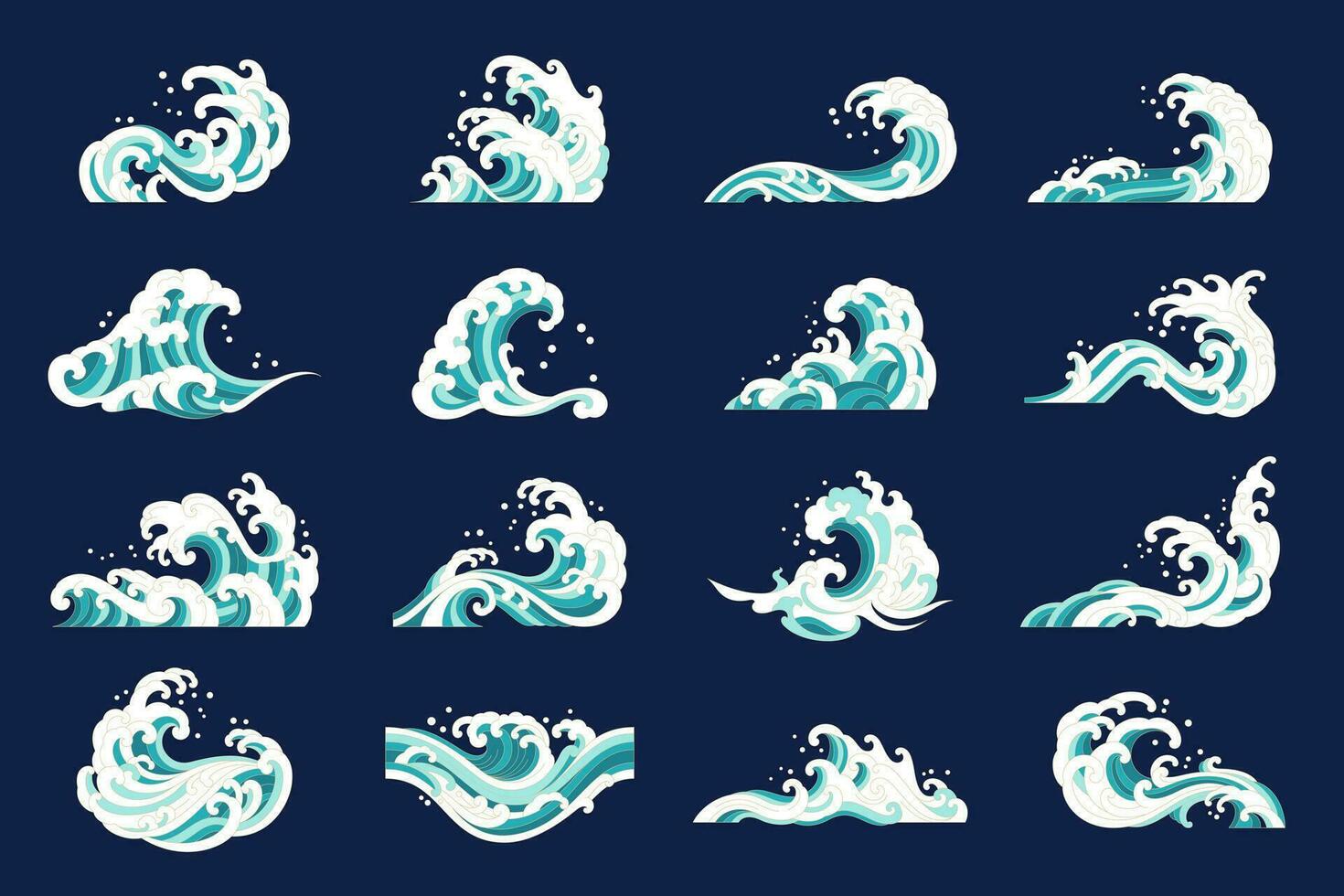 Japón ola salpicaduras agua forma plano lineal conjunto vector