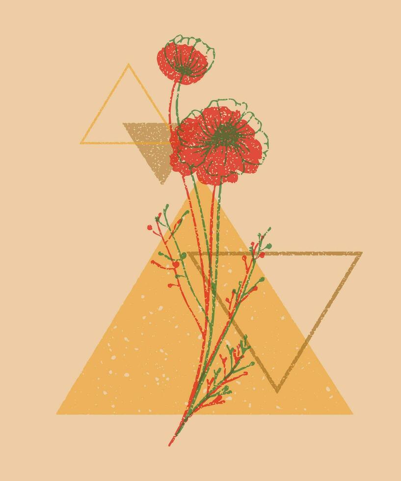 Triangle with flower in colorful screen printing effect. Riso print design. Vector illustration. Graphic element for fabric, textile, clothing, wrapping paper, wallpaper, poster, presentation and web.